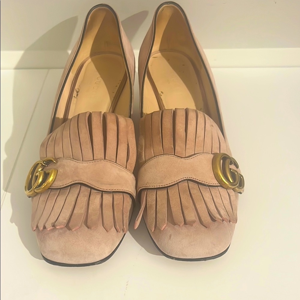Gucci Marmont Dusty Pink Suede Fringe. Gold Double GG. Size 38.5. Fits 8 USA.